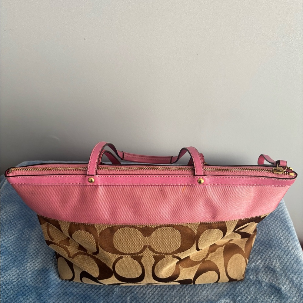 Coach Brown Signature Canvas Tote with Pink Trim - Picture 5 of 7
